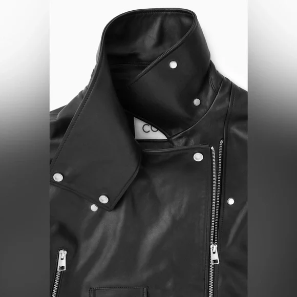 COS Black Cropped Leather Biker Jacket - Picture 2 of 9
